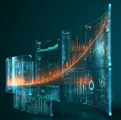 Layered translucent dashboards with a rising performance curve