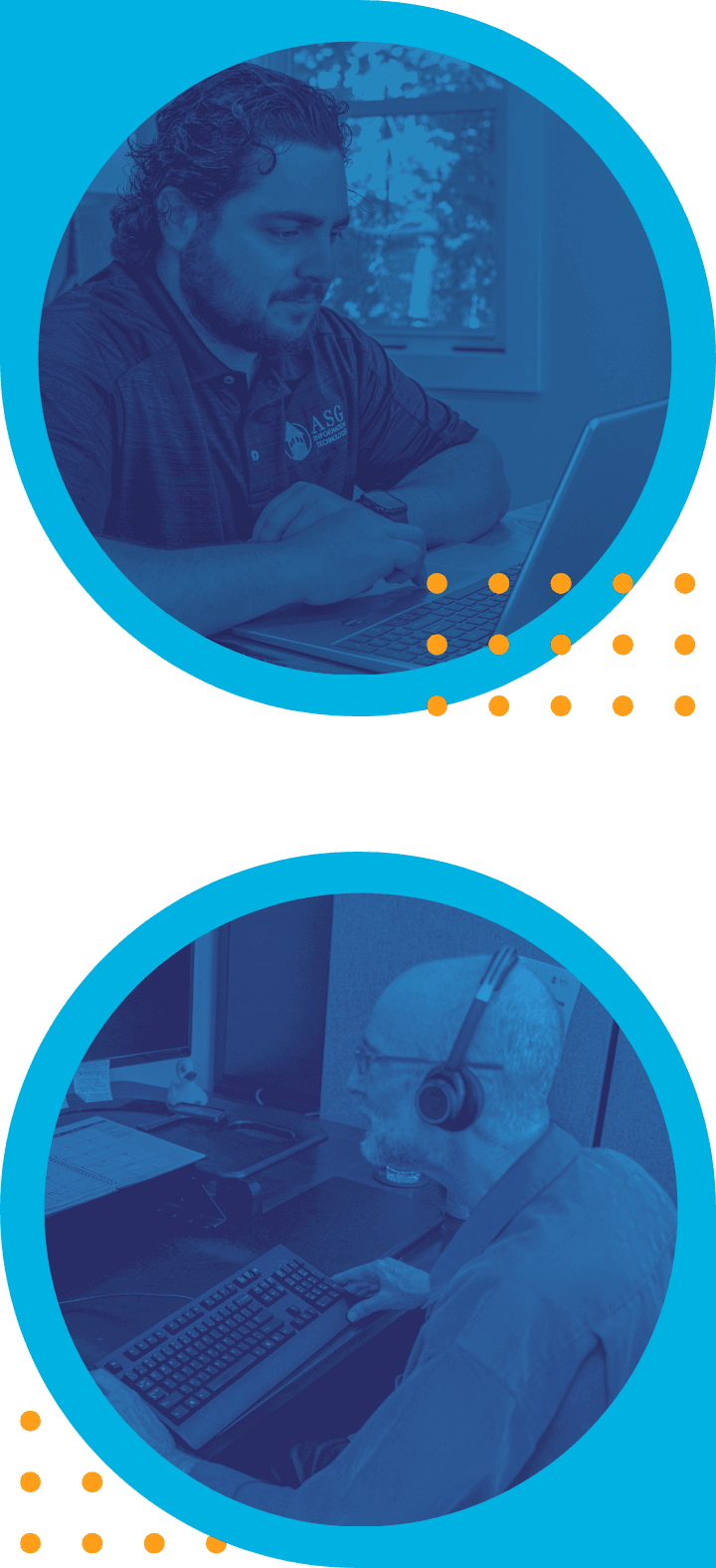 An ASG engineer at a laptop, and a support engineer taking a call on a headset