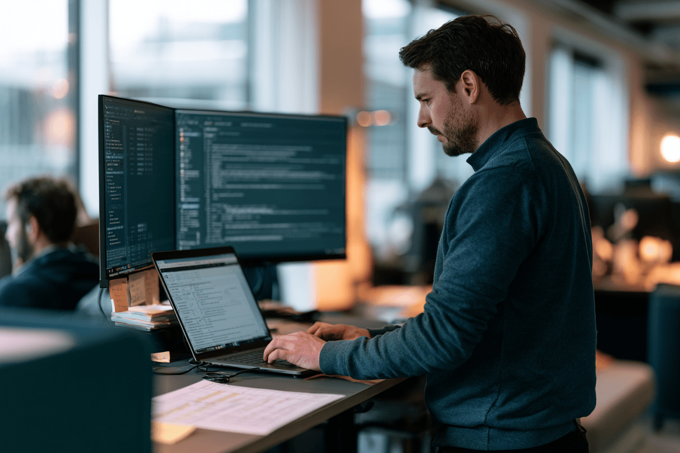 An IT engineer at a standing desk working through a security checklist, with system configuration and log output on the monitors beside them