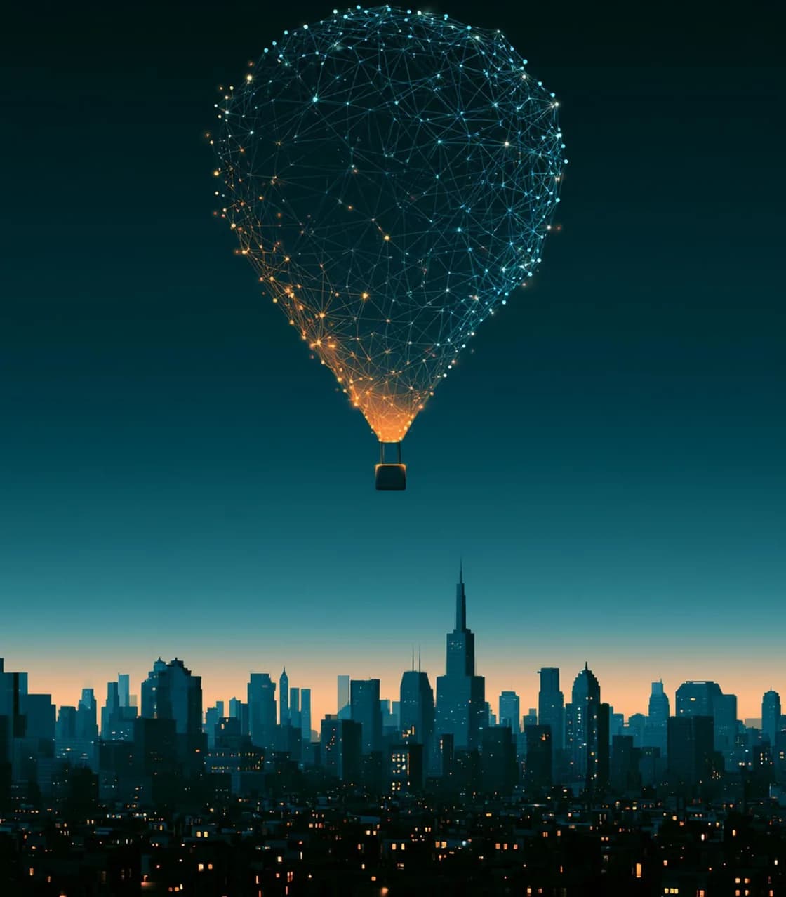 A hot air balloon formed from a lit network of connected points, rising above a city at dusk