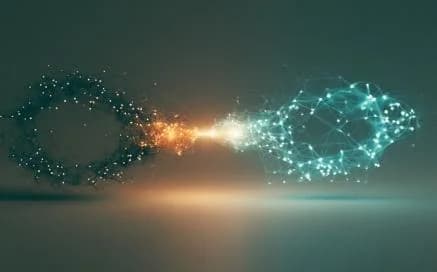 Two clusters of connected points joined by a burst of light between them