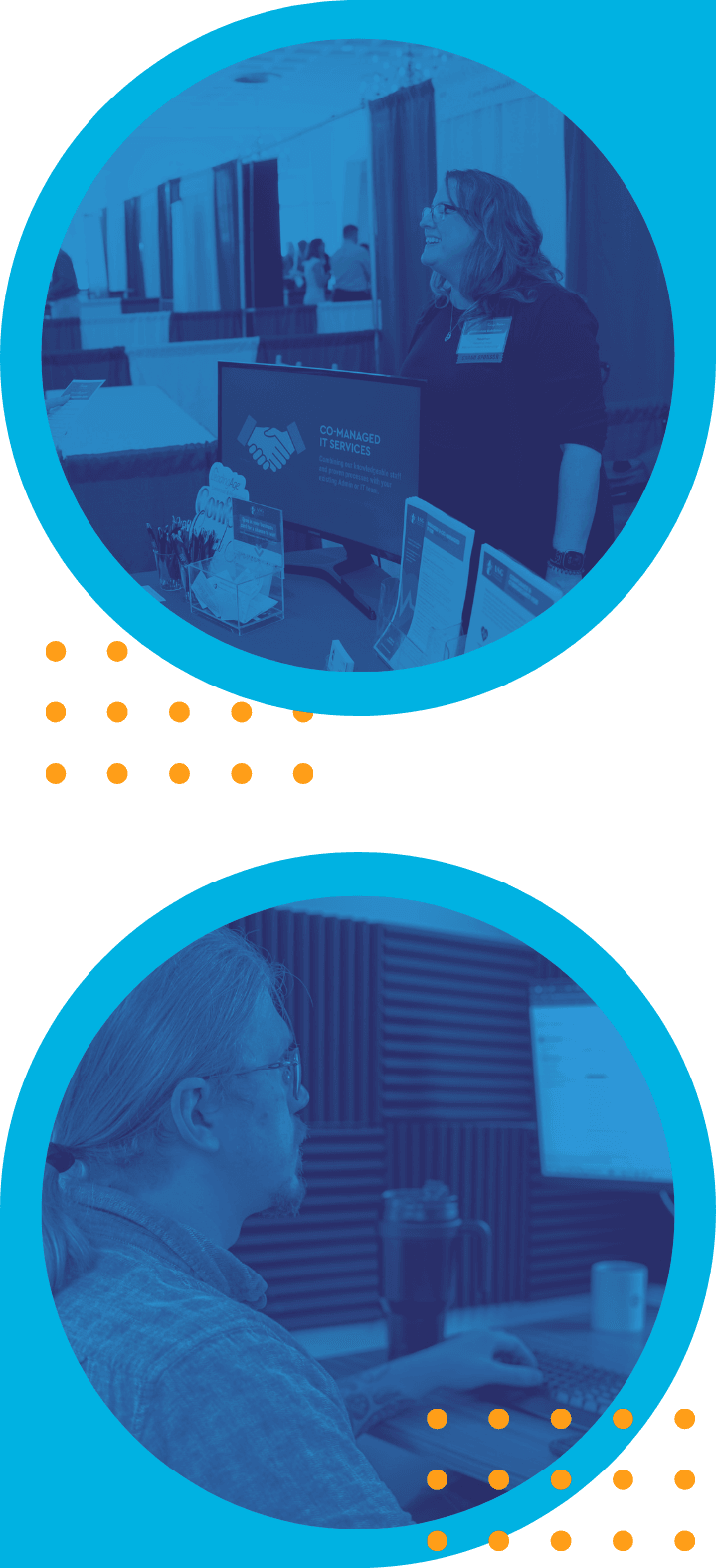 ASG staff at a client event, and an engineer working at their desk